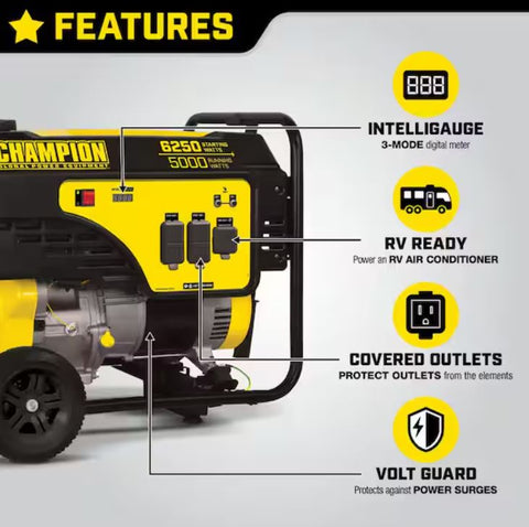 Restored Champion 100812 | 6250-Watt/5000-Watt Gasoline Powered Portable Generator | Recoil Start | With Wheel Kit (Refurbished)