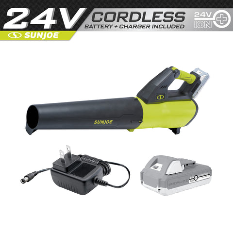 Restored Sun Joe 24V-JB-LTE | 24V 385-CFM Turbine Cordless Jet Leaf Blower Kit | 2.0-Ah Battery + Quick Charger (Refurbished)