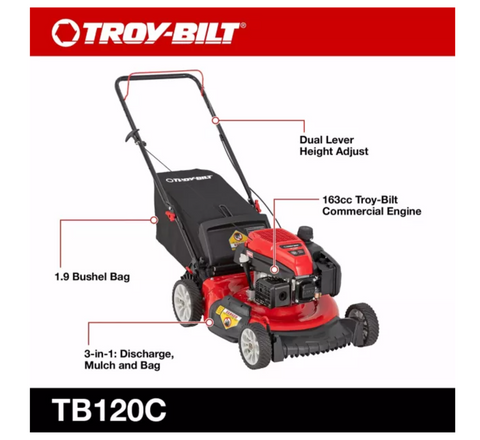 Troy-Bilt TB120C | 21in 163cc Walk Behind Push Mower | 3-in-1 Deck