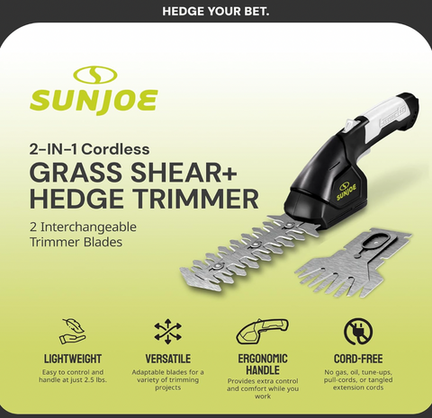 Restored Sun Joe HJ604C 7.2-Volt 2-in-1 1250-RPM Cordless Grass Shear / Shrubber Handheld Trimmer, Rechargeable On-board Lithium-Ion Battery and Charger Included (Refurbished)